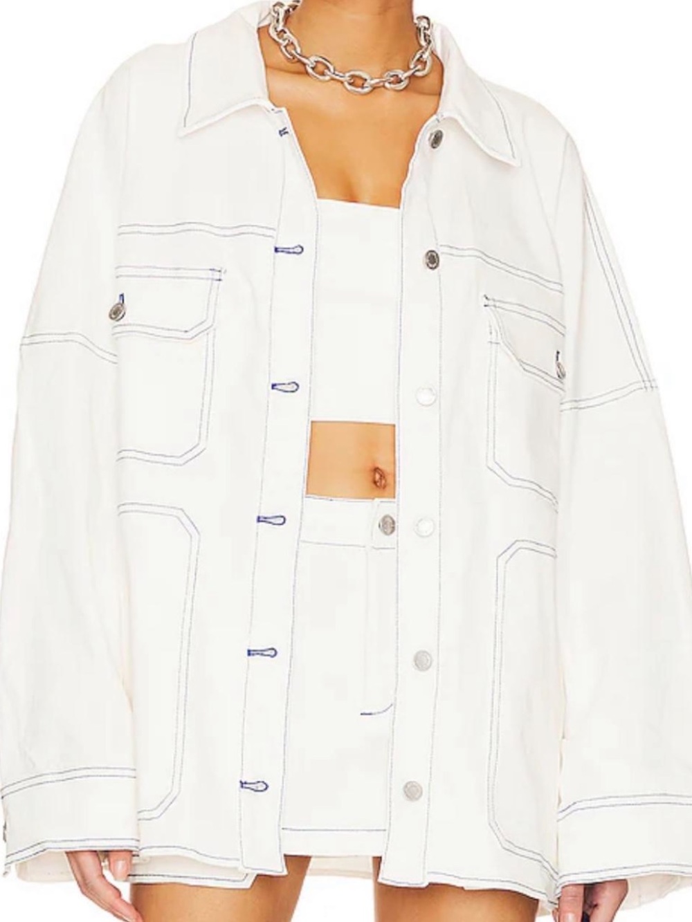 BY.DYLN Cooper Oversized White Jean Jacket with Contrast Stitching